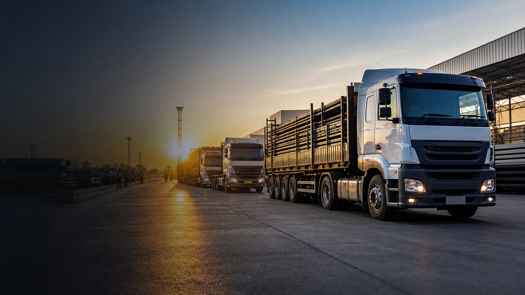Heavy transport trucks lined up in a professional logistics yard